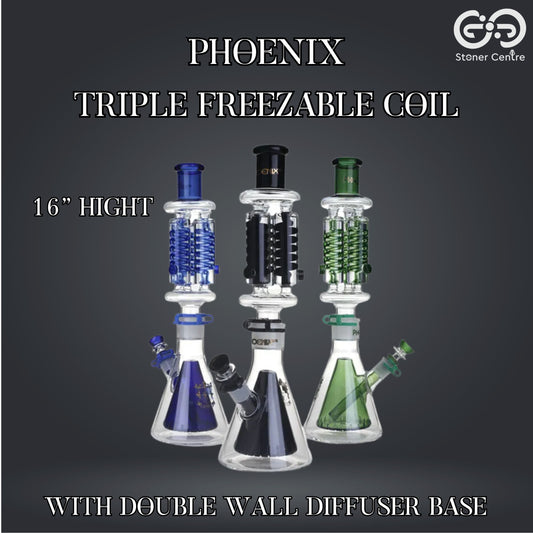 Glass Bong | Phoenix Triple Freezable Coil with Double Wall Diffuser Base 16 Inch